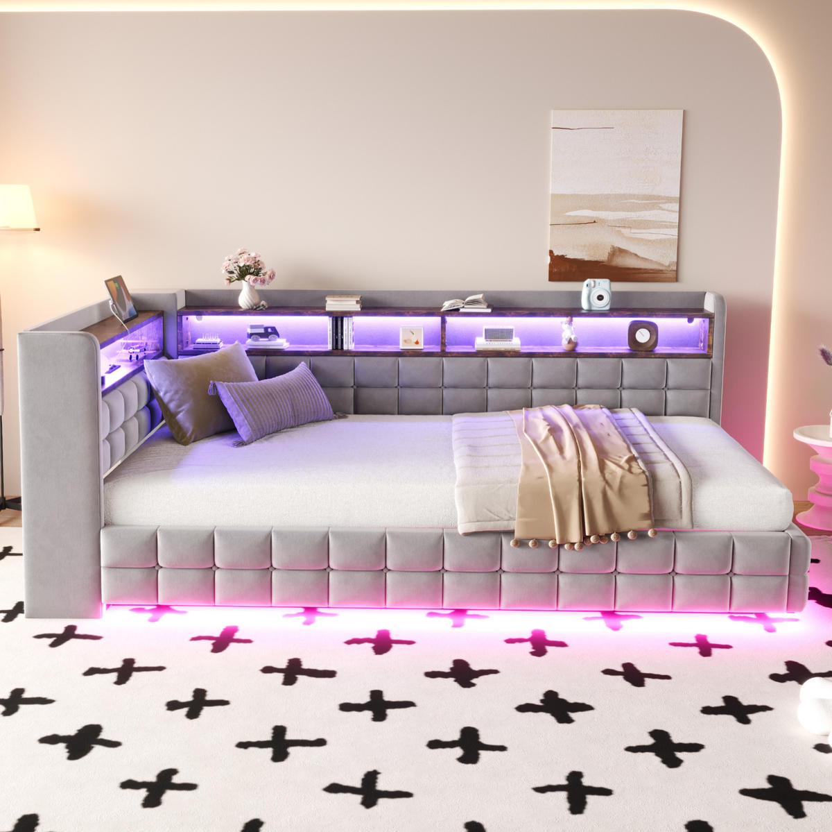 SCHLAFSOFA 90/200 cm mit hydraulischem Stauraum, Holzregalen, LED, Steckdose, USB und Typ-C, Samt, Hellgrau - Hellgrau, Textil (90/200cm) - Redom