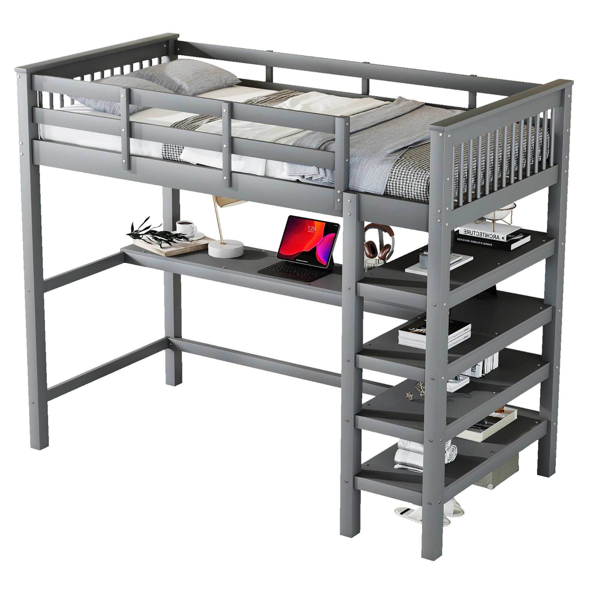 HOCHBETT 90/200 cm mit Schreibtisch, Ablagefächern und sicherem Geländer, Grau - Grau, Holzwerkstoff (90/200cm) - Redom