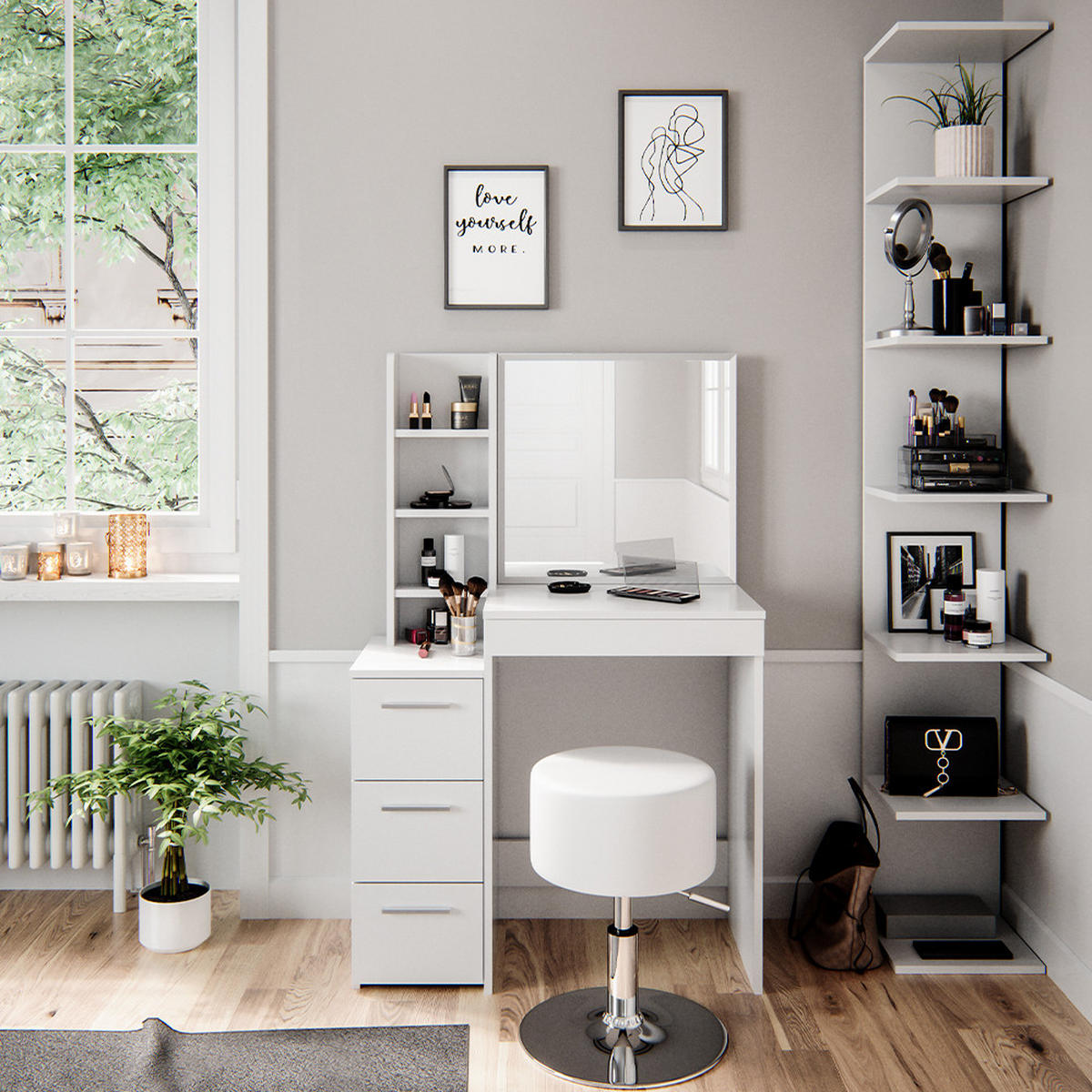 SCHMINKTISCH Meryl Weiß 79.9 cm mit Hocker - Weiß, Holzwerkstoff (40/127.4/79.9cm) - Vicco