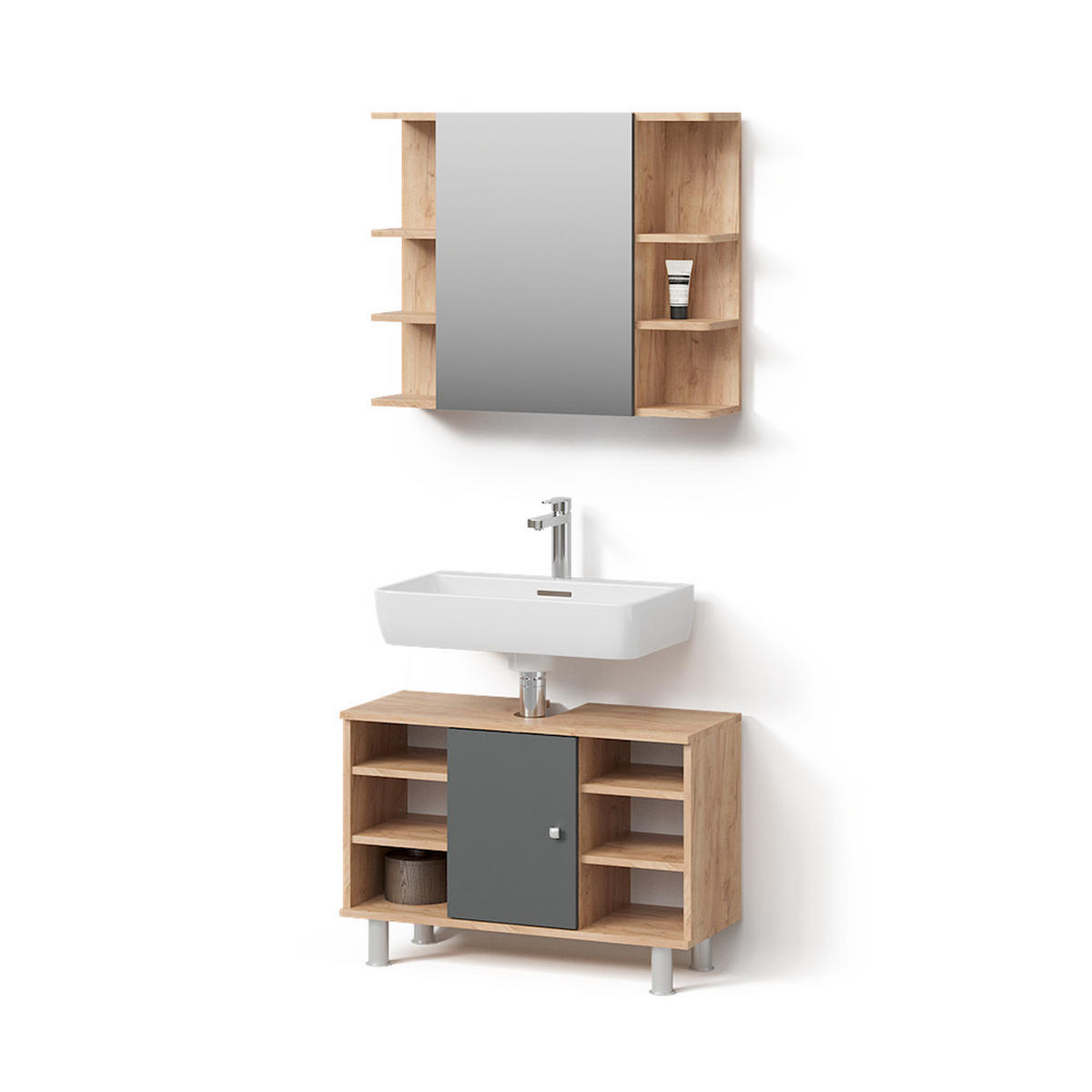 BADMÖBEL-SET Fucino Goldkraft Eiche 2 Teile, Unterschrank 80 cm - Anthrazit/Eiche Wotan, Holzwerkstoff (80/64/32cm) - Livinity®