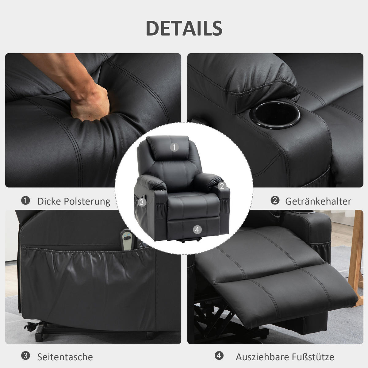 SESSEL mit Aufstehhilfe, Schwarz - Schwarz, Kunststoff/Metall (99/106/88cm) - HOMCOM