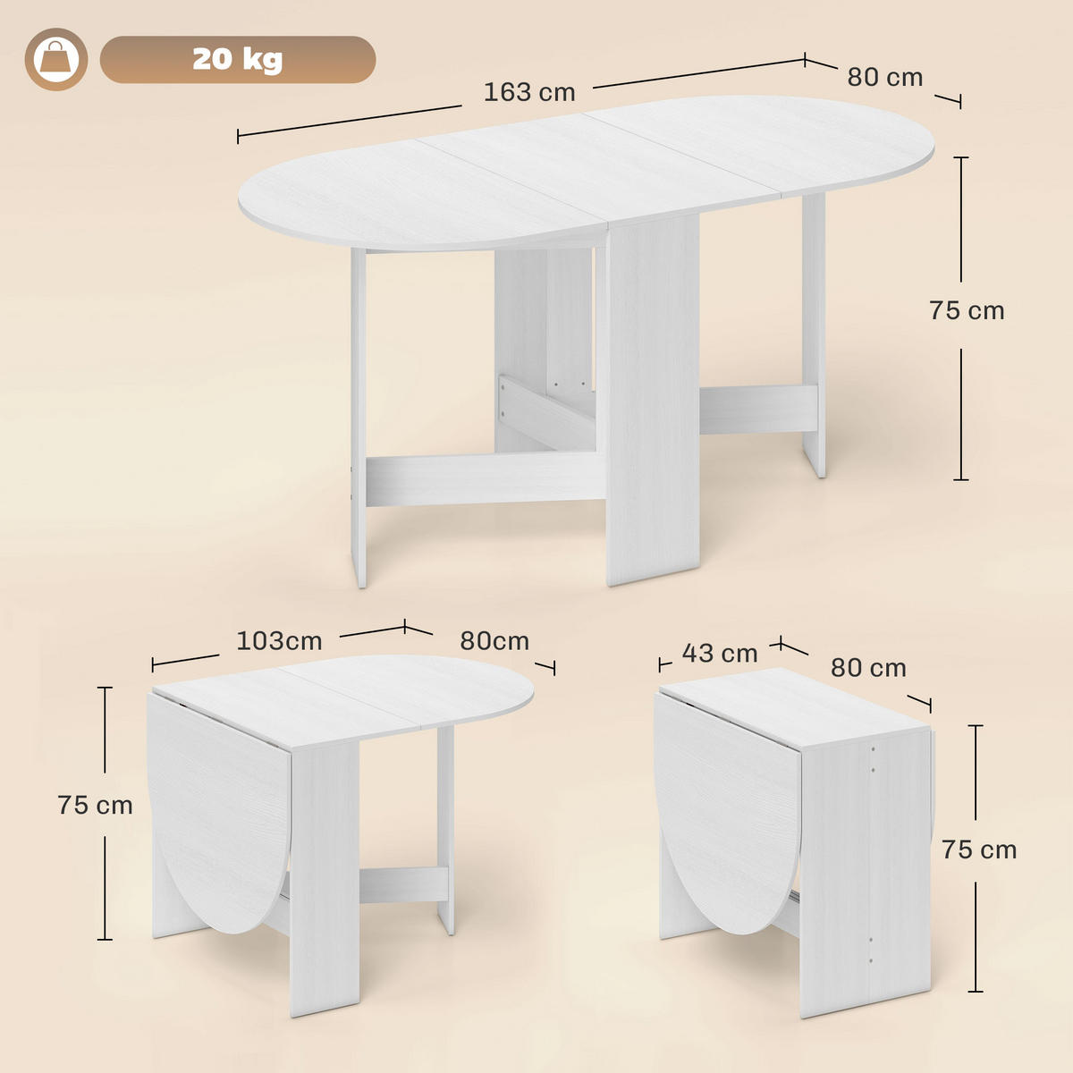 ESSTISCH Weiß 1 Stück - Weiß, Kunststoff (163/80/75cm) - GiPP