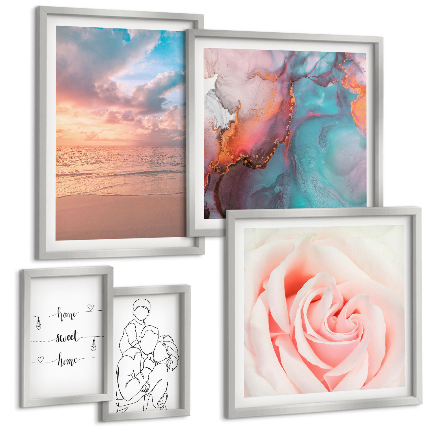 BILDER SET 5er Set - 50x50 cm & 20x30 cm & 40x60 cm Silberner Rahmen - Blumenfamilie minimalistisch - Silberfarben, Kunststoff (40/60cm) - TULUP