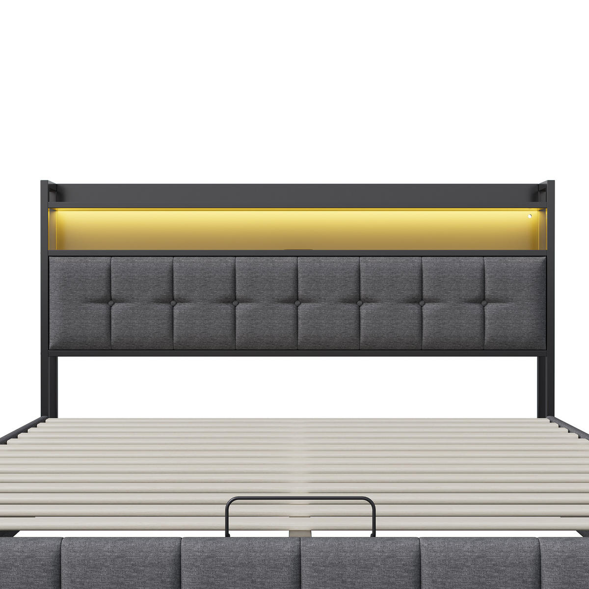 BETT mit Bettkasten 140x200 cm mit LED und USB, Polsterbett 140x200, Doppelbett 140x200 mit Stauraum, Lattenrost, Kopfteil, Grau Leinenstoff - Grau, Textil/Metall (140/200cm) - GENKI LIVING