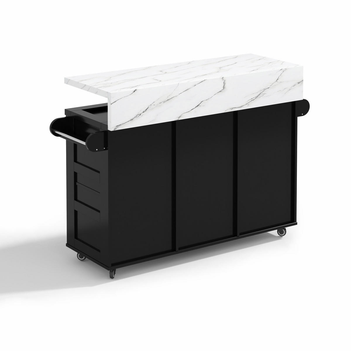 KÜCHENINSEL aus MDF 138x60x93 cm Schwarz mit klappbarer Arbeitsplatte, LED-Beleuchtung und 5 Rollen - Schwarz, Holzwerkstoff (138/93/60cm) - Modfu