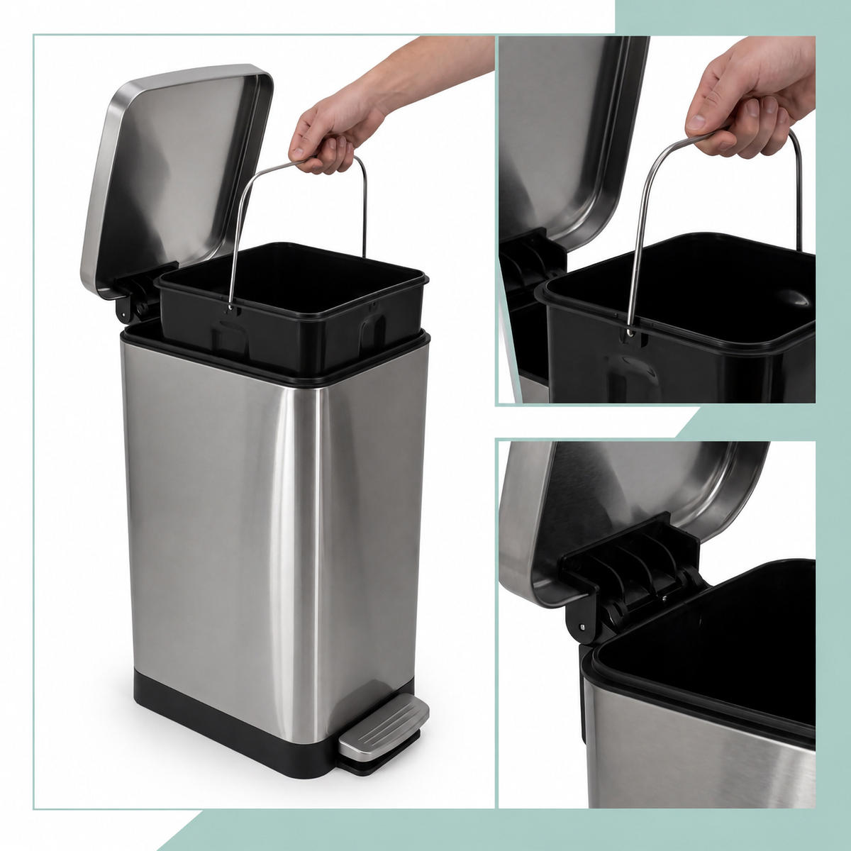 TRETMÜLLEIMER Silber eckig Edelstahl Softclose 15 l - Silberfarben, Kunststoff/Metall (35/45/17cm) - Relaxdays