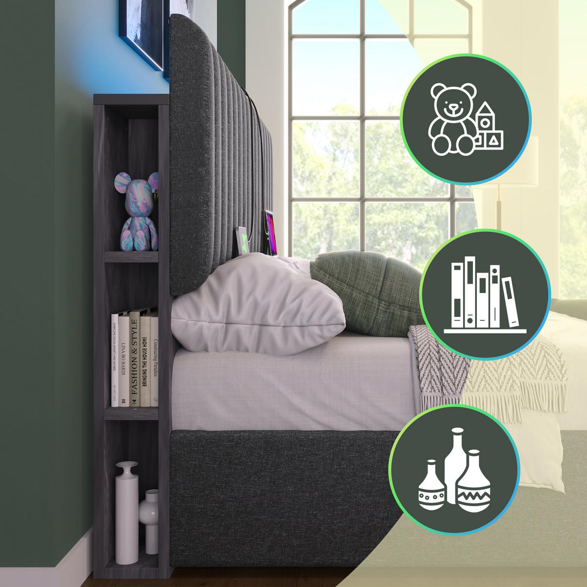 STAURAUMBETT 160/200 cm DE-00677, in Grau, LED-App und verstellbarem Kopfteil - Grau, Metall (160/200cm) - ComfortXL
