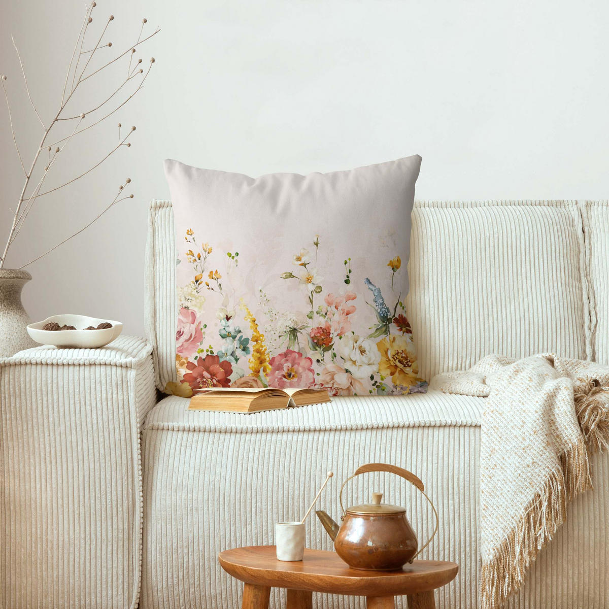 KISSENBEZUG Rankende Blumen Aquarell Vintage 40/40 cm - Pastellblau, Textil (40/40cm) - Bilderwelten