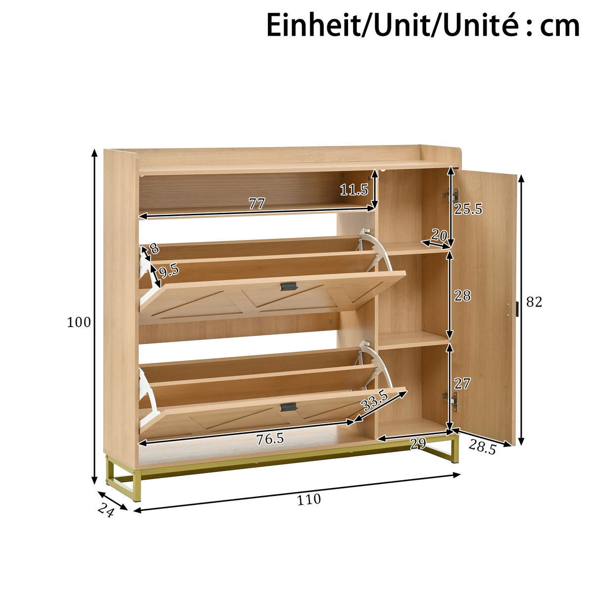 SCHUHSCHRANK aus MDF 110x24x100cm in Natur mit Soft-Close - Naturfarben, Holzwerkstoff (110/100/24cm) - Modfu