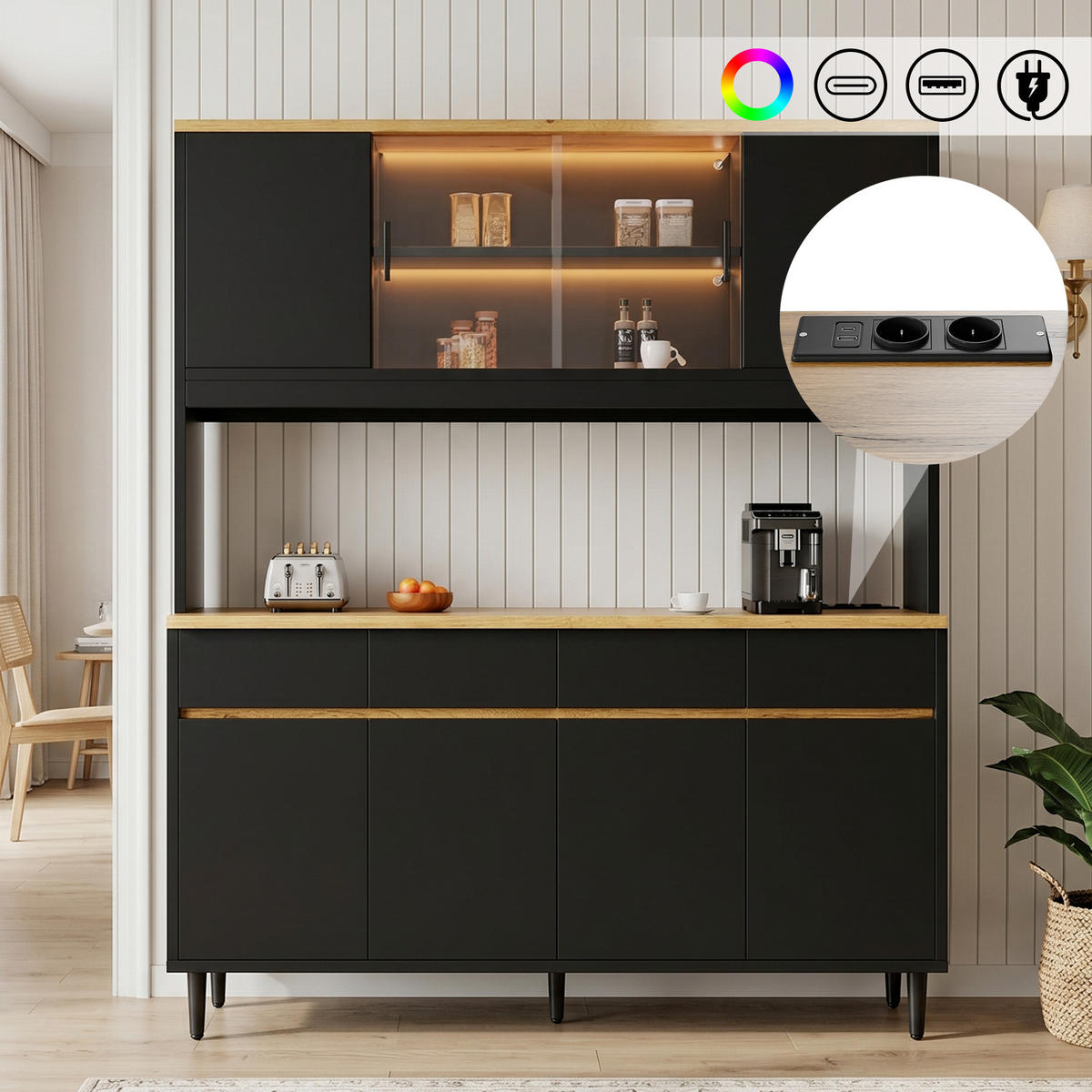 BUFFETSCHRANK 160x40x185cm LED Steckdose USB Schwarz Eiche - Schwarz, Holzwerkstoff (160/185/40cm) - FLIEKS