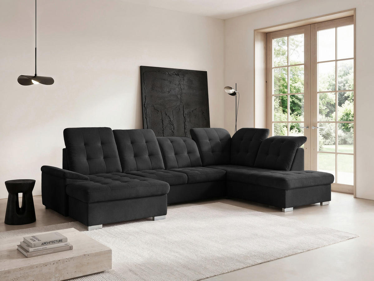 WOHNLANDSCHAFT ANON Ottomane Rechts, mit Schlaffunktion und Bettkasten, Schwarz - Schwarz, Kunststoff/Textil (322/87/220cm) - Idohome