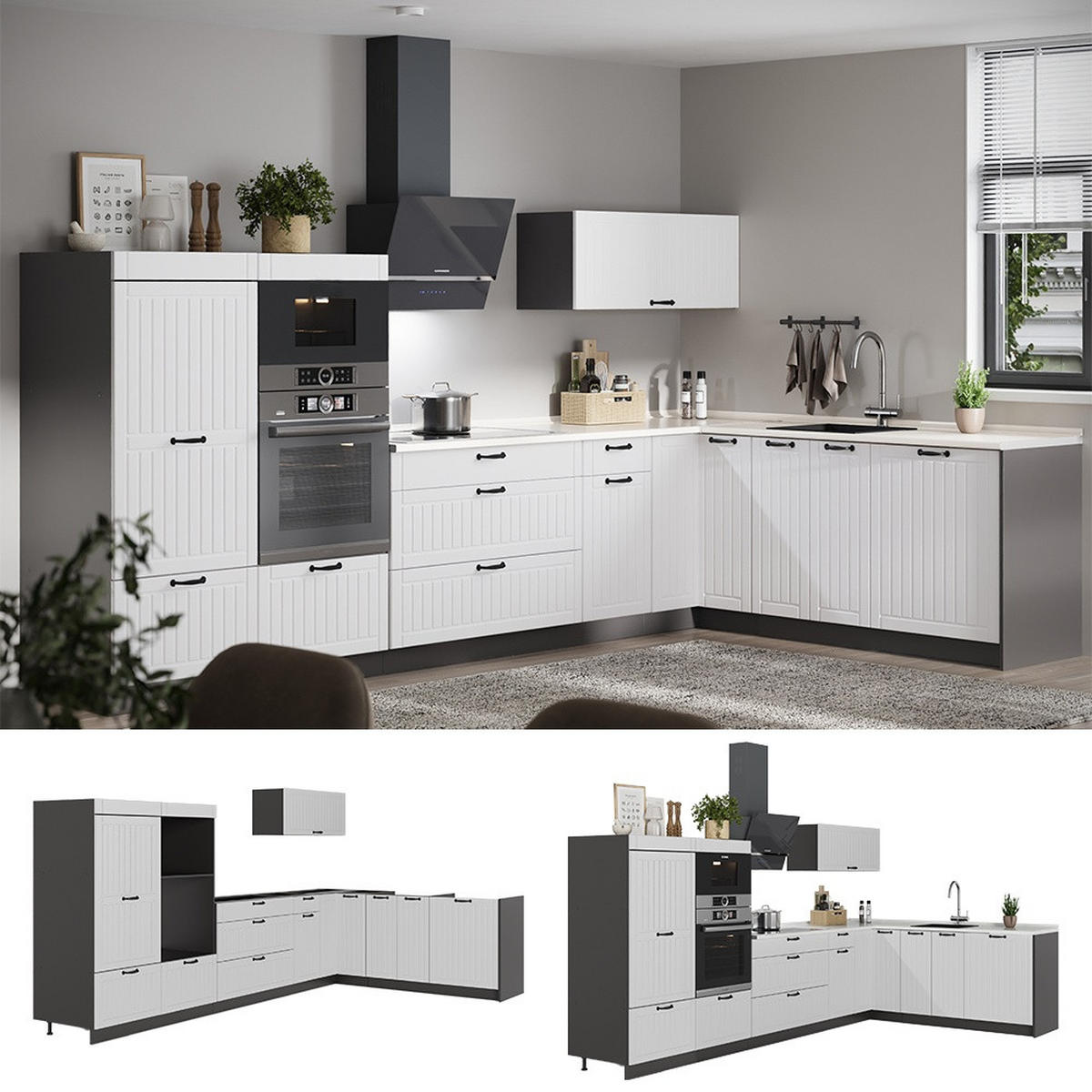KUHINJA U OBLIKU SLOVA L Fame-Line, Bijela Seoska/Antracit, 347 x 207 cm bez radne ploče - bijela/antracit, drvni materijal (347/153.6/51.6cm) - Vicco