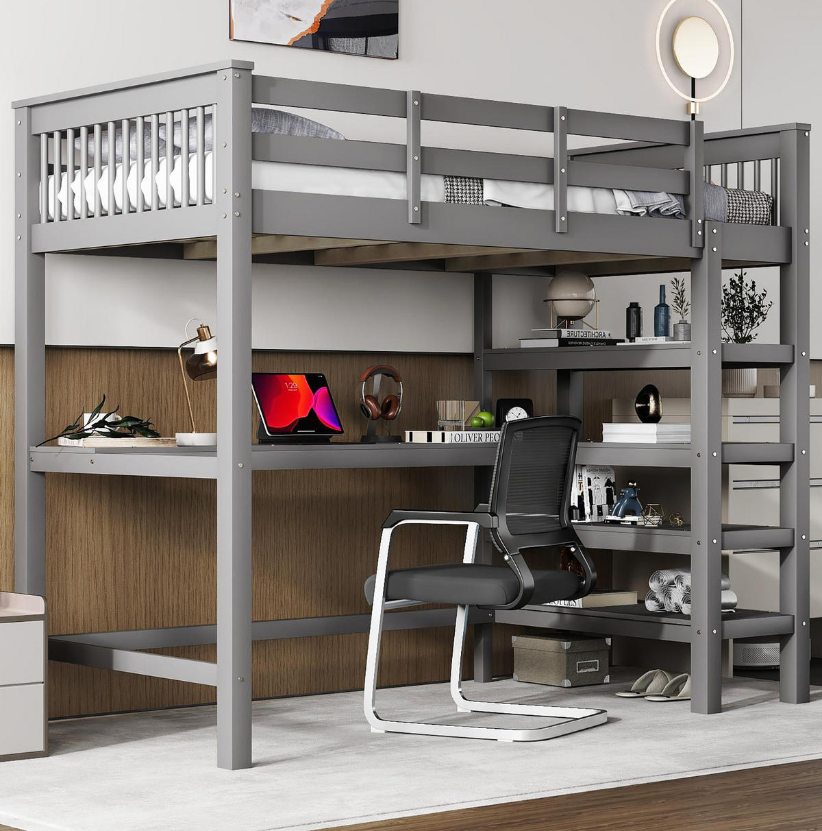 HOCHBETT 90/200 cm in Grau – mit Schreibtisch, Regalfächern und Rausfallschutz - Grau, Holzwerkstoff (90/200cm) - BEAOK