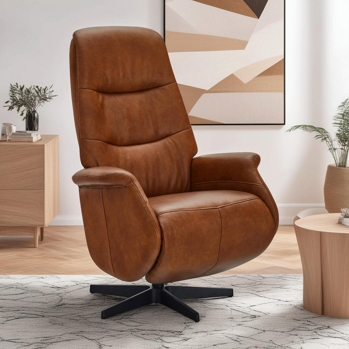 RELAXSESSEL Echtleder Cognac Braun - Schwarz/Braun, Leder/Metall (90/114/79cm) - Furnhouse