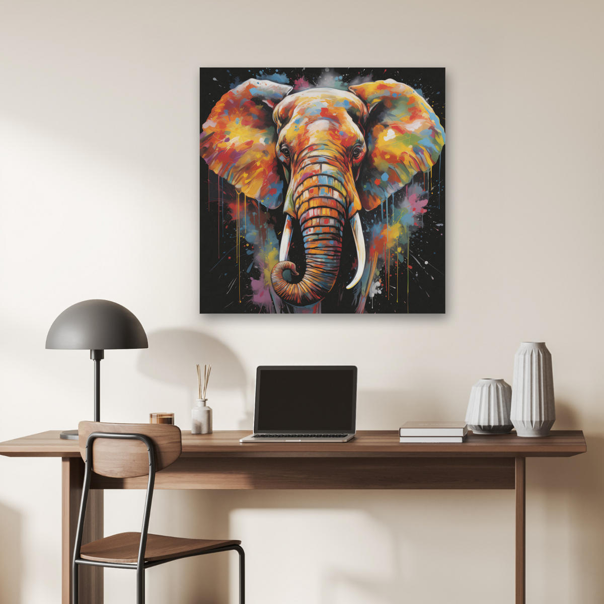 AKUSTIKBILD Elefant - Graffiti - Schwarz - Tiere - Farben Akustikpaneele 80x80 cm - Schwarz, Kunststoff (80/80/0.9cm) - MuchoWow