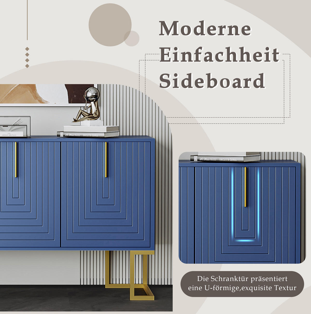 SIDEBOARD mit 3 Türen in Navy-Blau – modernes Design mit Metallgriffen - Blau, Holzwerkstoff (138/80.5/40cm) - BEAOK