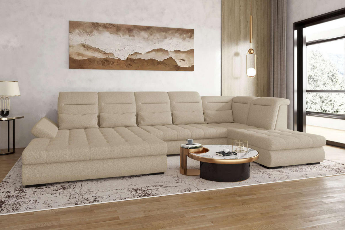 WOHNLANDSCHAFT Toscana Velours inkl. Schlaffunktion - Creme, Textil (208/87/358cm) - 99rooms