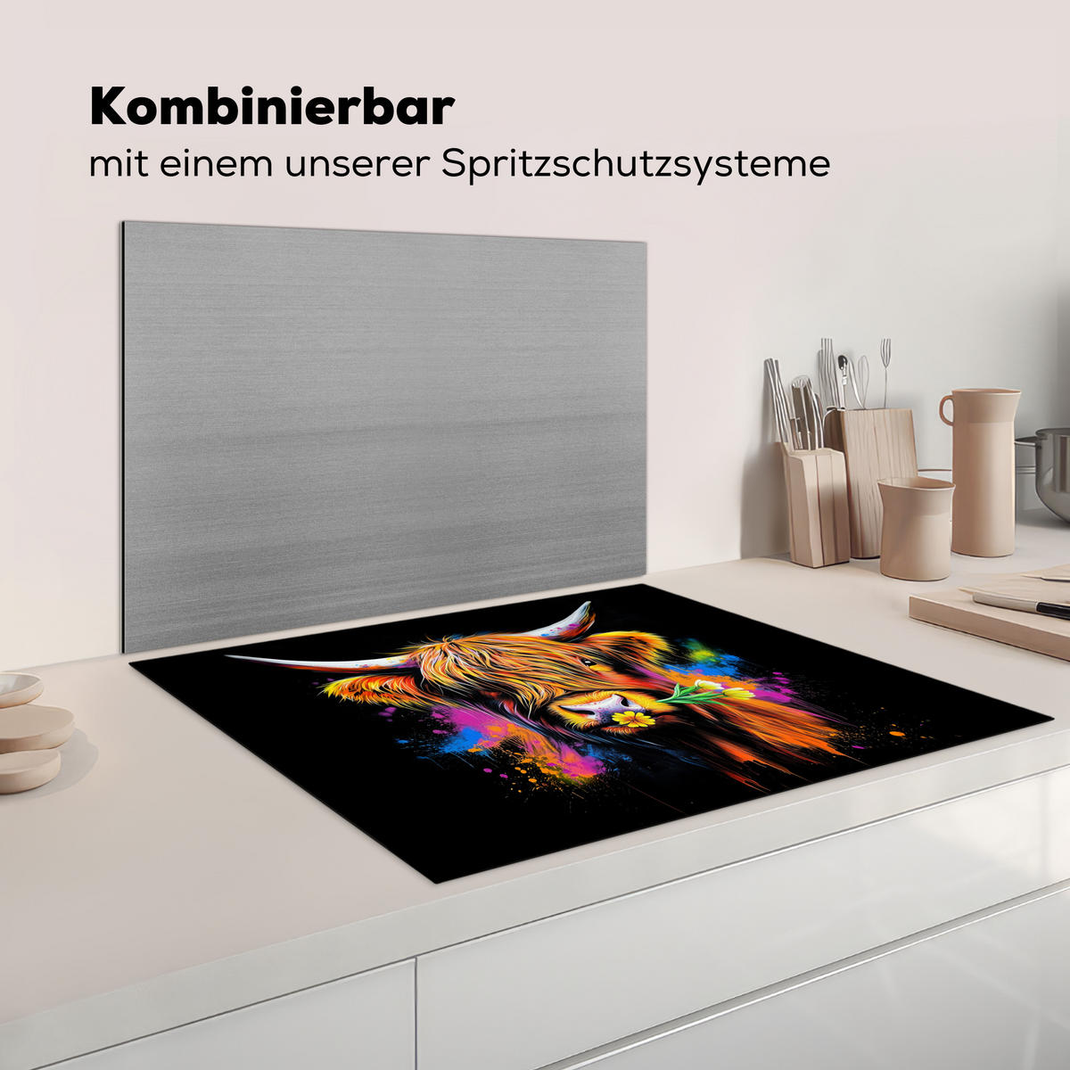 HERDABDECKPLATTE Schottischer Highlander - Graffiti - Bunt - Blume - Tiere Induktionsmatte 77x59 cm - Multicolor, Kunststoff (77/59/0.2cm) - MuchoWow