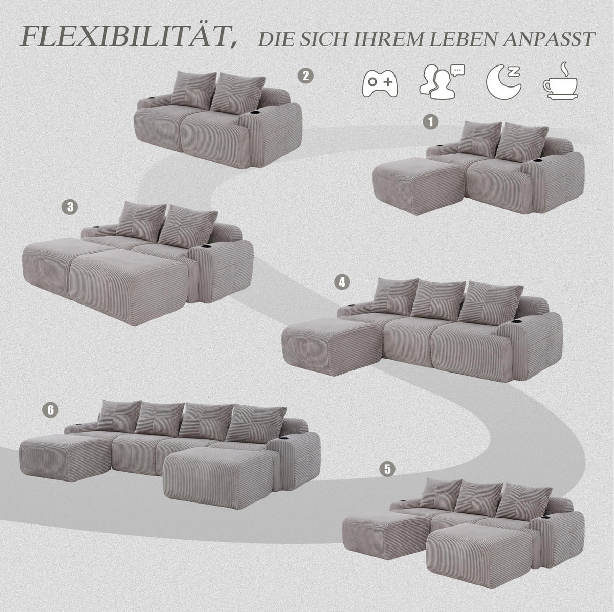 MODULARES Sofa 333/174/80 cm in Hellgrau mit 2 Hockern und Getränkehalter - Hellgrau, Textil (174/80/333cm) - Flora Grace