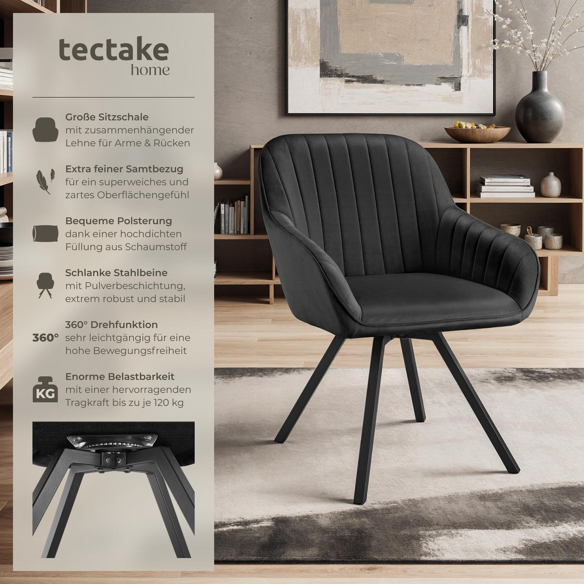 ARMLEHNSTUHL drehbarer 4er Set Snug 58 x 58 x 82 cm schwarz - Schwarz, Textil (58/82/58cm) - tectake