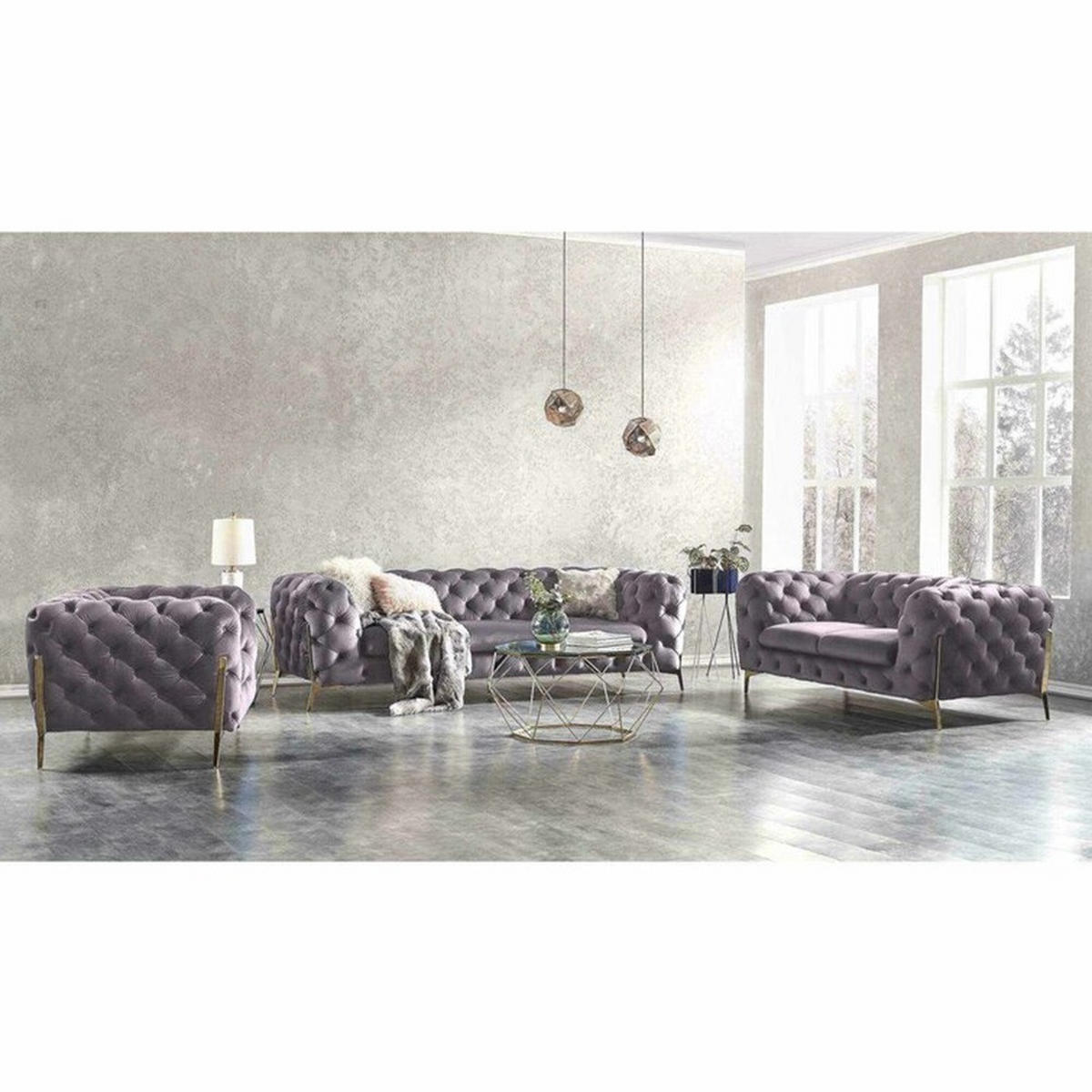 SITZGARNITUR 3+2+1 Chesterfield Lexi Grau Samt - Goldfarben/Grau, Holz/Textil (243/75/100cm) - S-Style Möbel