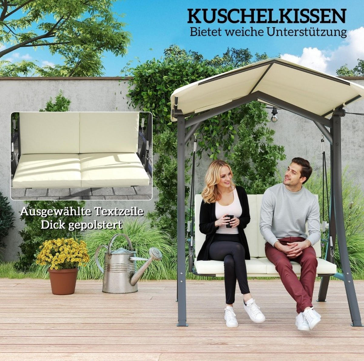 HOLLYWOODSCHAUKEL 150/120/182 cm mit verstellbarem Sonnendach, gepolsterter 2-Sitzer und UV-Schutz, Cremeweiß - Beige, Textil (120/182/150cm) - Redom