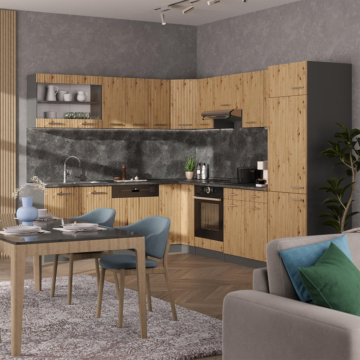 HÖRNKÖK R-Line, Hantverks ek/antracit, 287 x 227 cm, AP Marble - Antracit/Ek Artisan, Träbaserade material (287/206.8/60cm) - Vicco