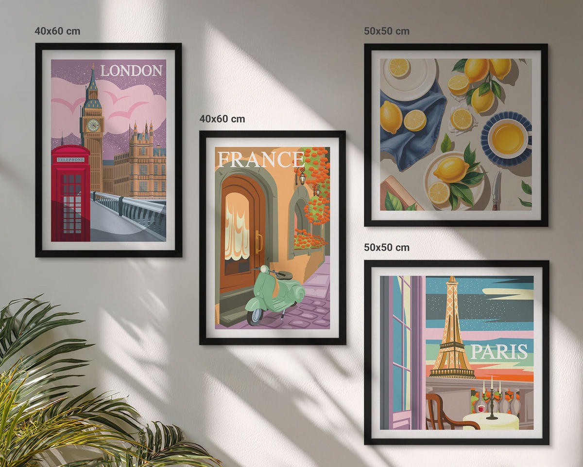 WANDBILDER 4er-Set - 50x50 cm & 40x60 cm Schwarzer Rahmen - Stadtansichten Paris London Frankreich - Schwarz, Kunststoff (50/50cm) - ArtPrintCave