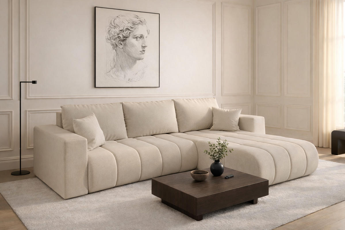 ECKSOFA mit schlaffunktion und bettkasten MILO PREMIUM, stoff WIND, Beige, Rechts - Beige, Holz (280/190cm) - Kaiser Möbel