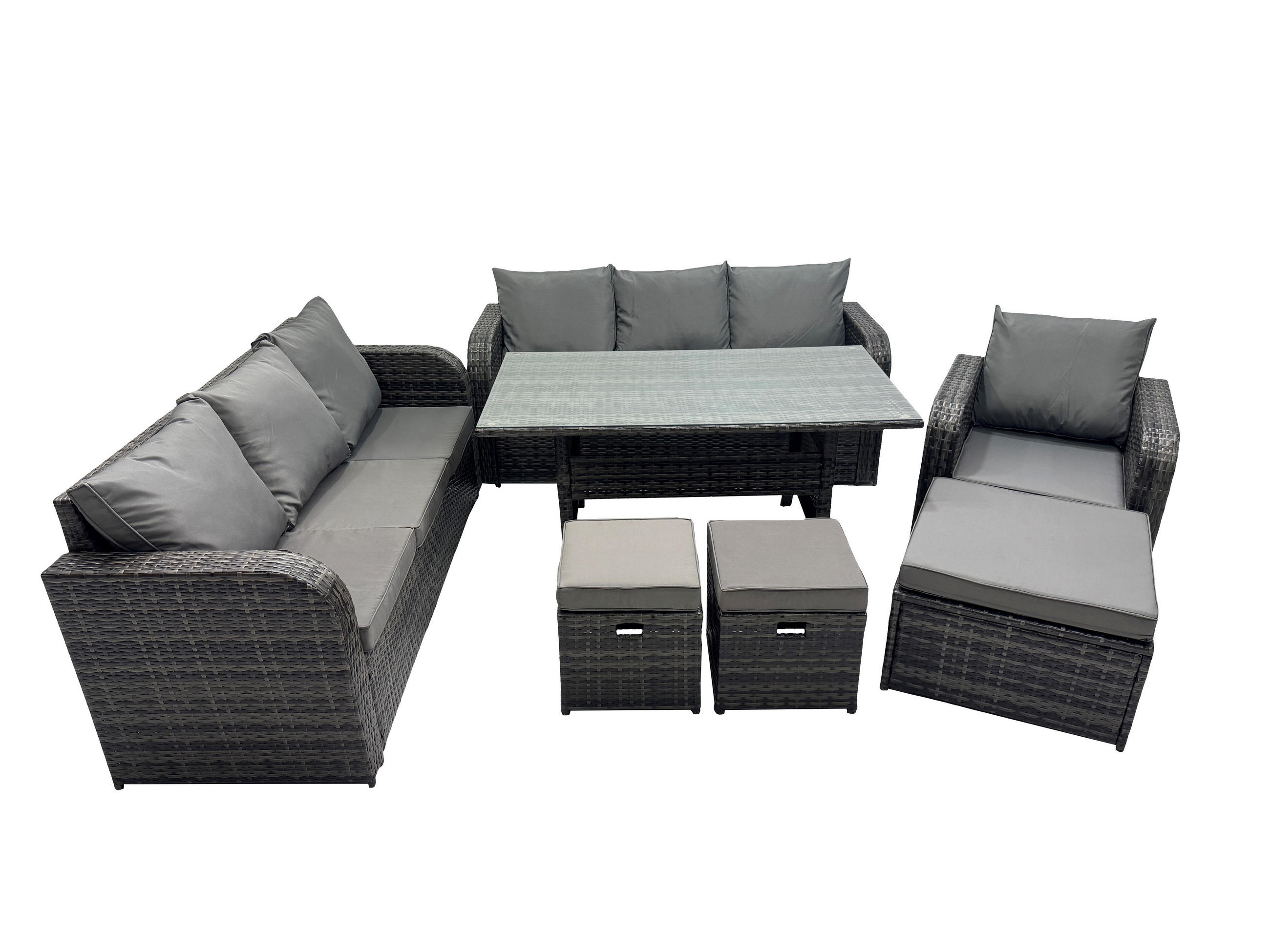 GARTENTISCHGRUPPE mit 3 Hocker Polyrattan Dunkelgrau 10-Sitzer - Dunkelgrau/Grau, Glas/Kunststoff - Fimous