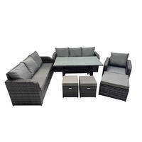GARTENTISCHGRUPPE mit 3 Hocker Polyrattan Dunkelgrau 10-Sitzer - Dunkelgrau/Grau, Glas/Kunststoff - Fimous