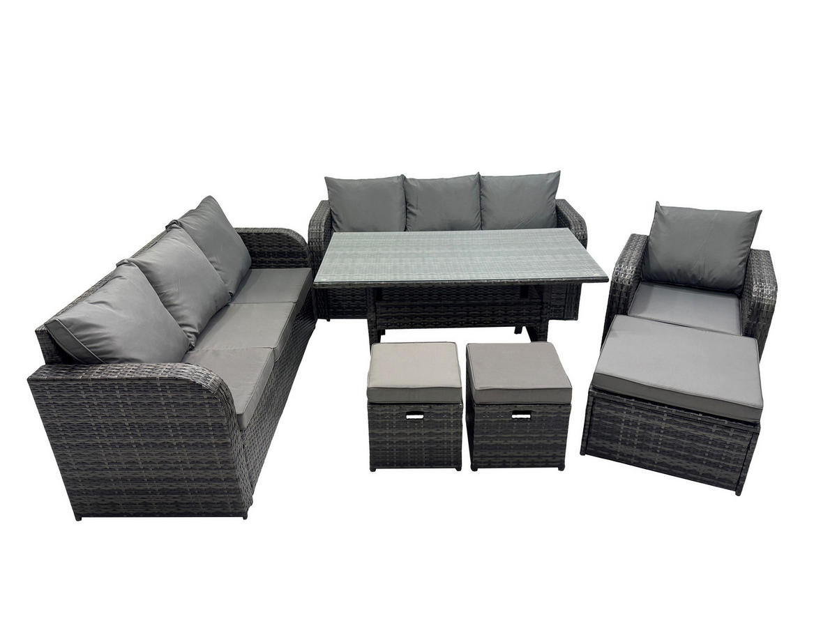 GARTENTISCHGRUPPE mit 3 Hocker Polyrattan Dunkelgrau 10-Sitzer - Dunkelgrau/Grau, Glas/Kunststoff - Fimous