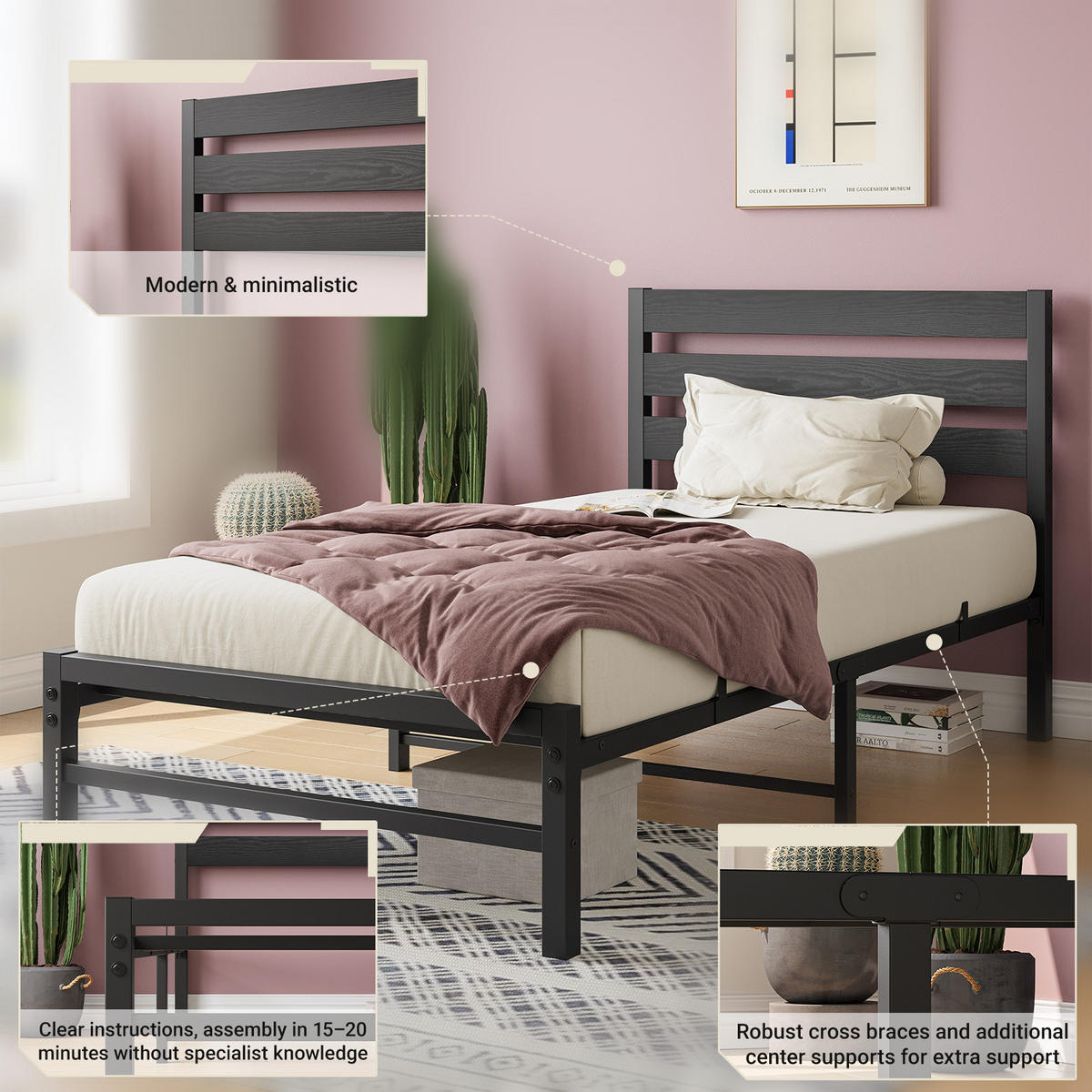 METALLBETT 90x200 cm Schwarz mit komfortablem Kopfteil, stabiler Konstruktion - Schwarz, Metall (90/200cm) - Modfu