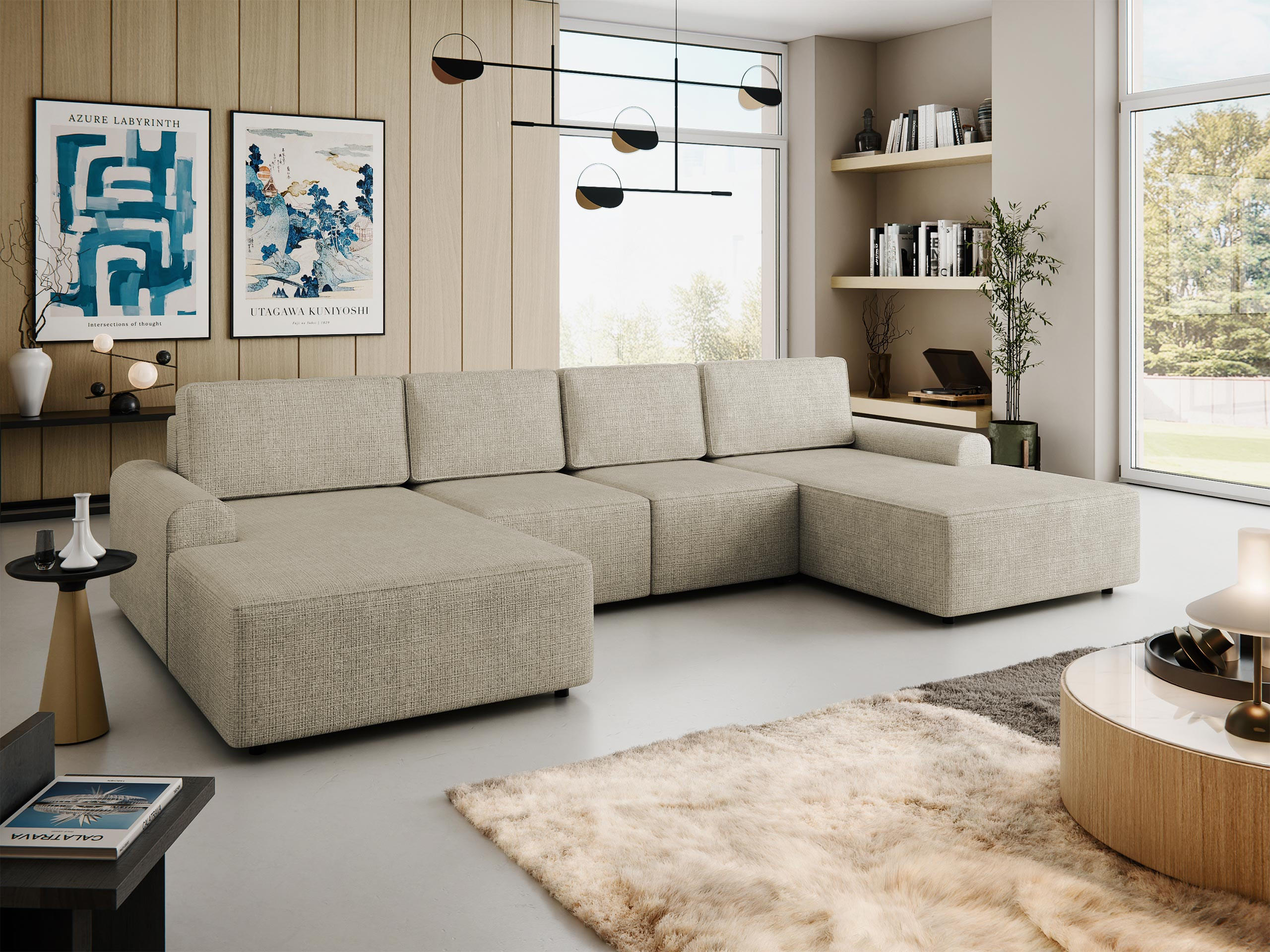 WOHNLANDSCHAFT Bella XL - Beige/Schwarz, Holz/Kunststoff (338/85/168cm) - MIRJAN24