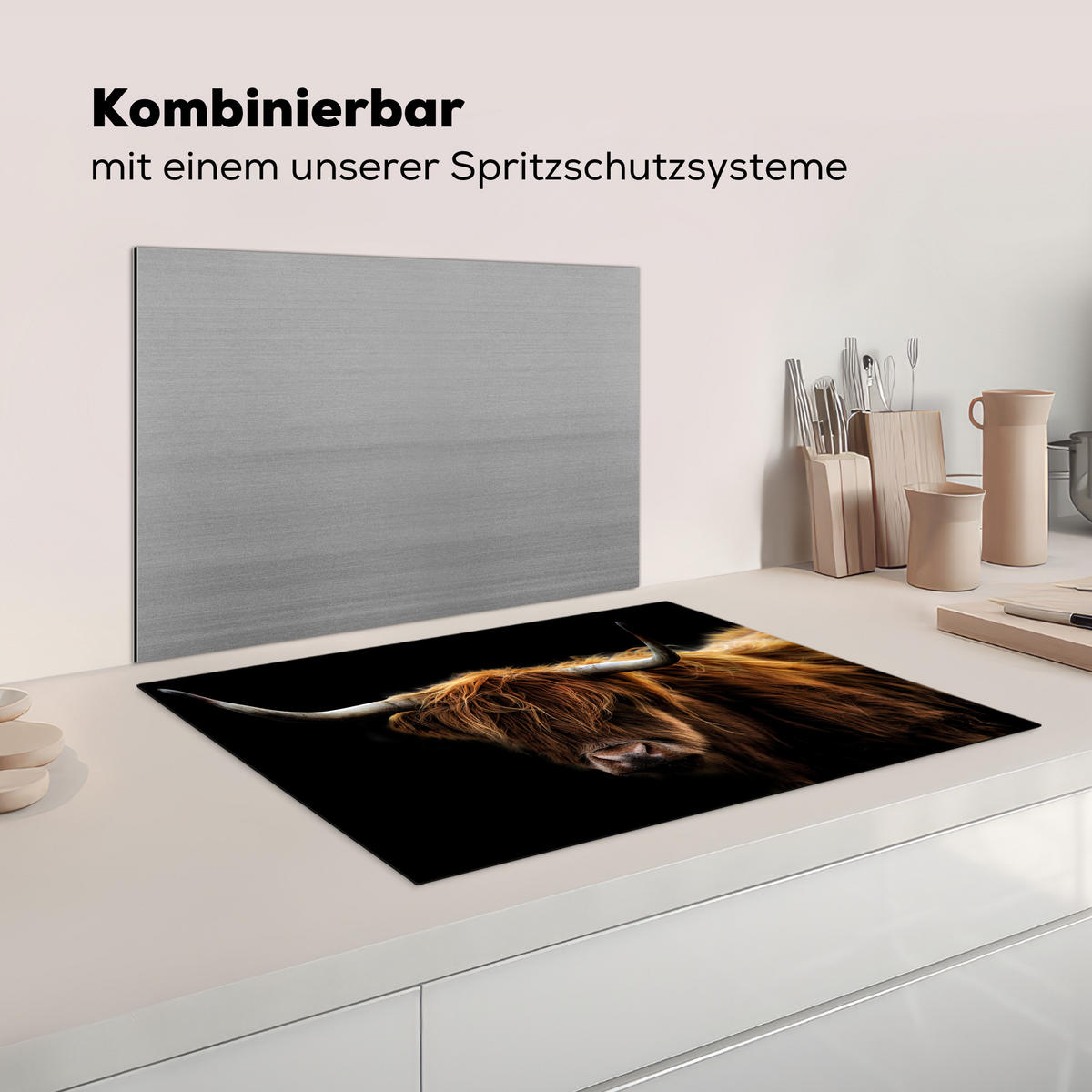 KRYT NA INDUKČNÍ DESKU Skotský horal - Rohy - Černá - Zvířata - Příroda - Divoká - Kráva 75x52 cm - koňaková, plast (75/52/0.2cm) - MuchoWow