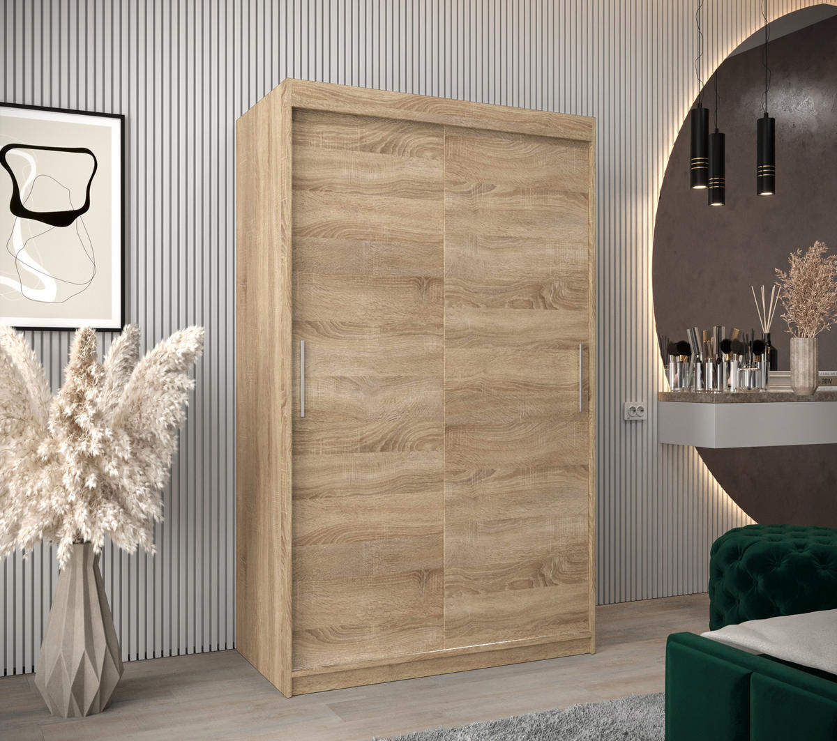 SCHWEBETÜRENSCHRANK 200/120/62 2-türig - Silberfarben/Sonoma Eiche, Holz/Kunststoff (120/200/62cm) - MÖBEL KRYSPOL