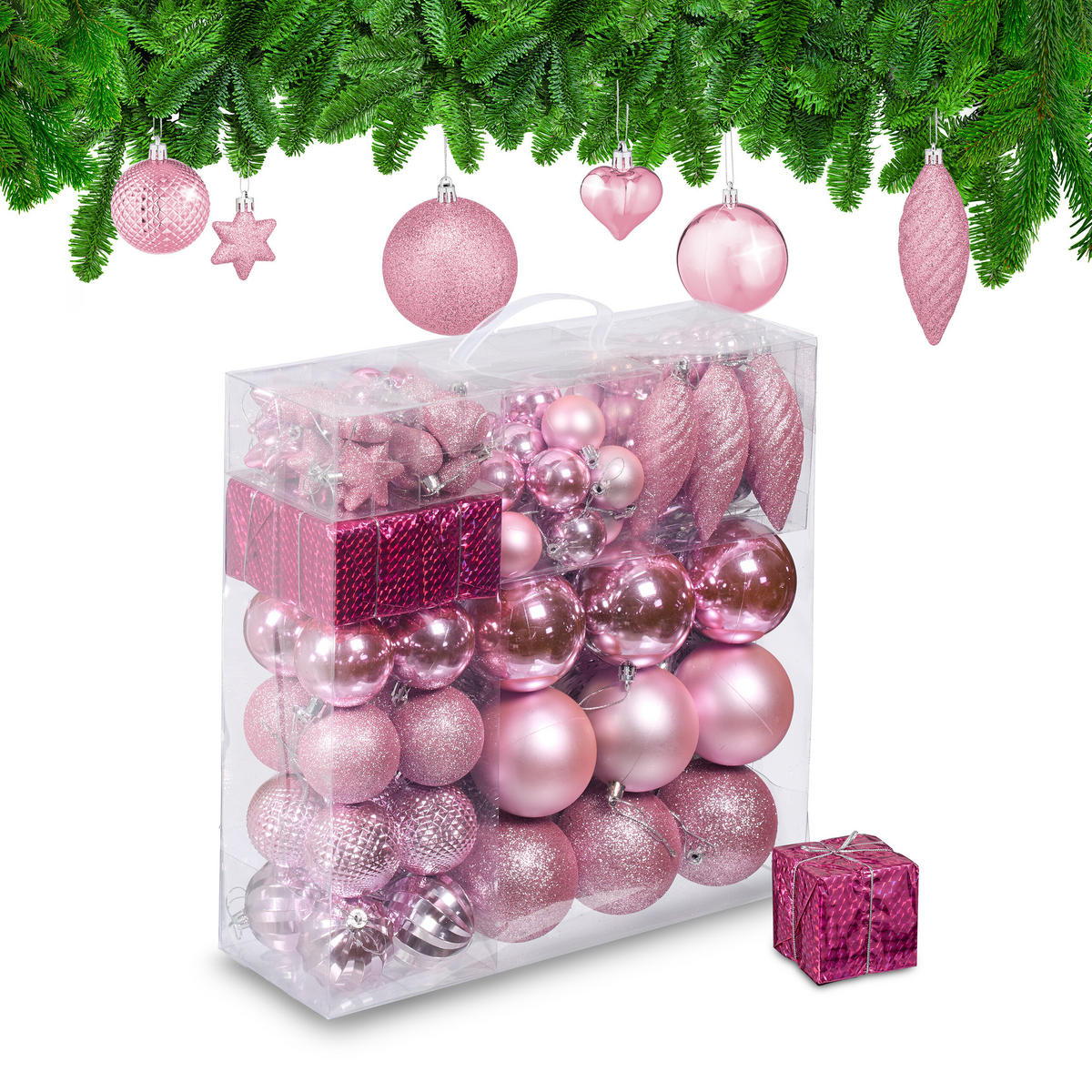 WEIHNACHTSKUGELN-SET 110-tlg. - Rosa, Kunststoff (8/9/8cm) - Relaxdays