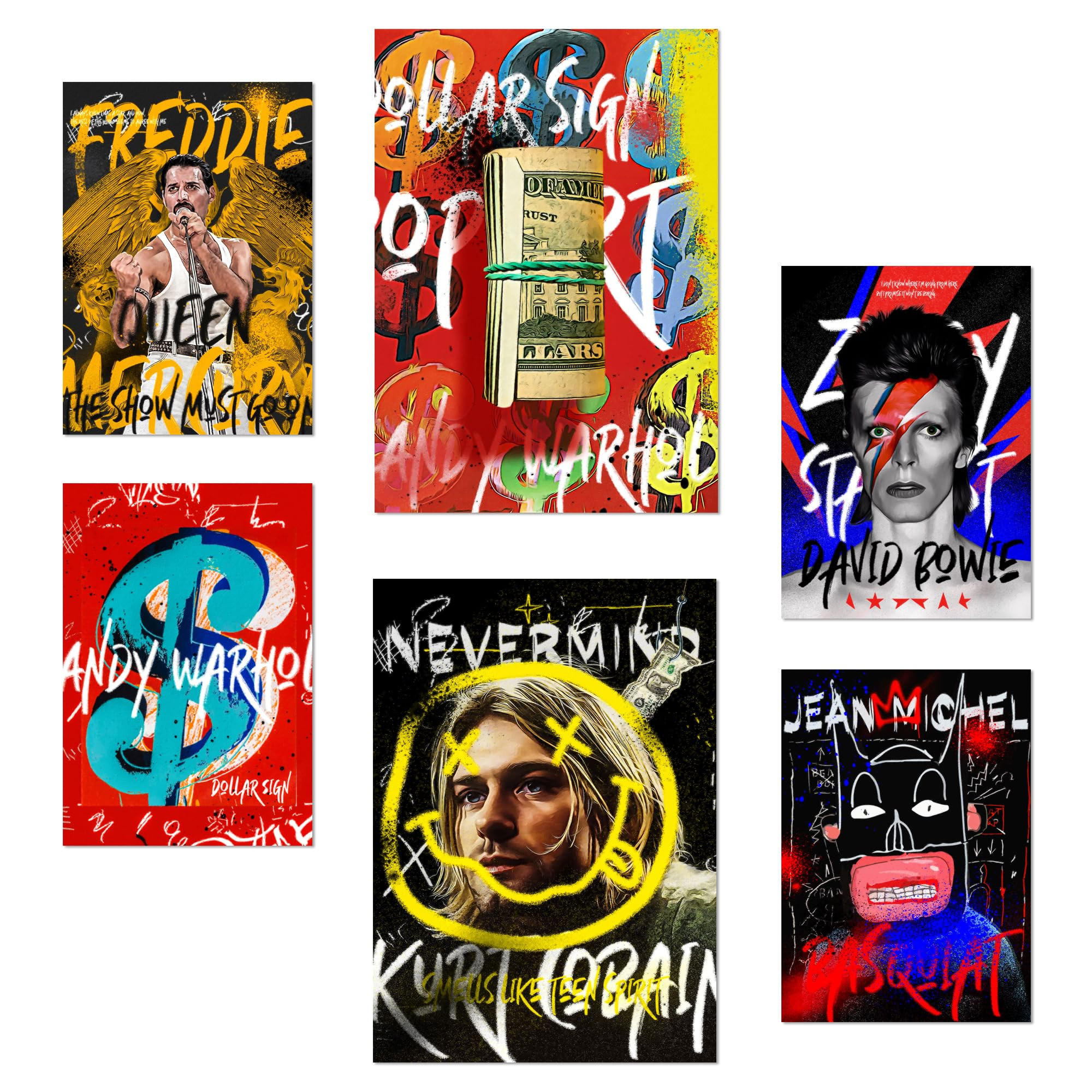 POSTER Set Mit 6 Ikonischer Nirvana Bowie Mercury Warhol Basquiat Grafiti A3 & A4 Rahmenlos - Klar, Papier (29/3cm) - Nacnic