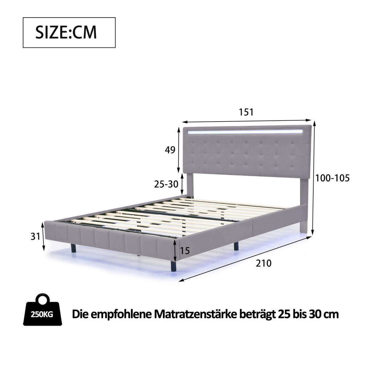 ČALÚNENÁ posteľ z MDF, kovu a ľanovej látky 140x200 cm sivá s LED osvetlením a skrytými nohami - sivá, textil (140/200cm) - Modfu