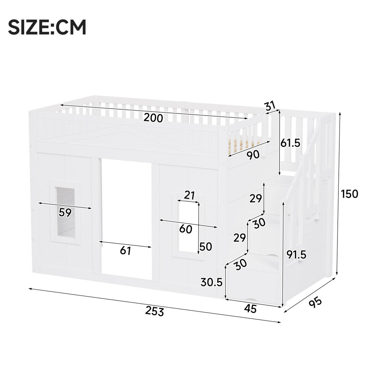HOCHBETT aus Kiefernholz 90x200 cm Weiß mit Stauraumtreppe, Fenster und LED-Beleuchtung - Weiß, Holzwerkstoff (90/200cm) - Modfu