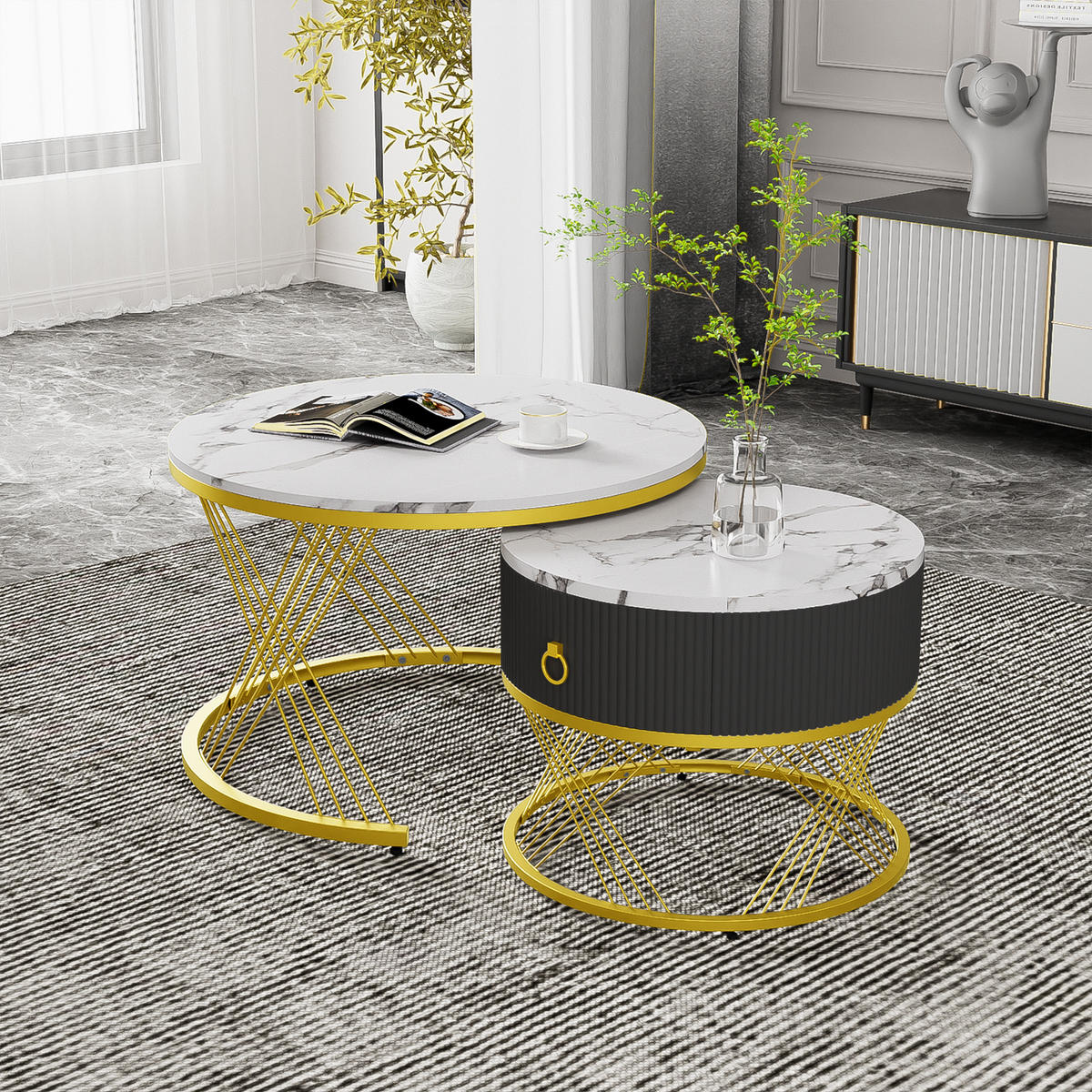 COUCHTISCH 2er Set Marmoroptik Gold - Weiß, Holz (70/70/45cm) - Fortuna Lai