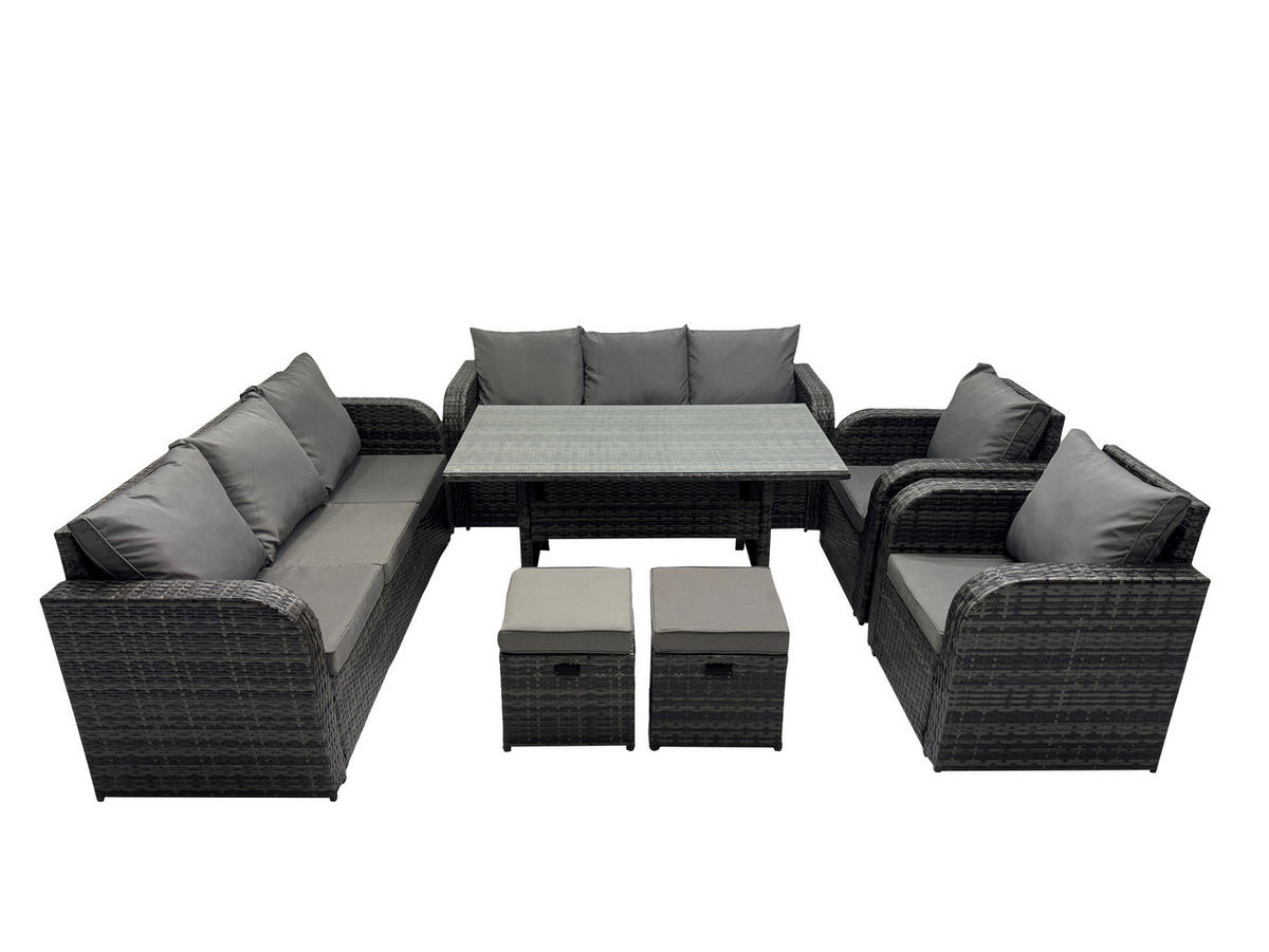 GARTENGARNITUR mit Liegestuhl,3-Sitzer Sofa,Zweisitzer Polyrattan Dunkelgrau 10-Sitzer - Dunkelgrau/Grau, Glas/Kunststoff - Fimous