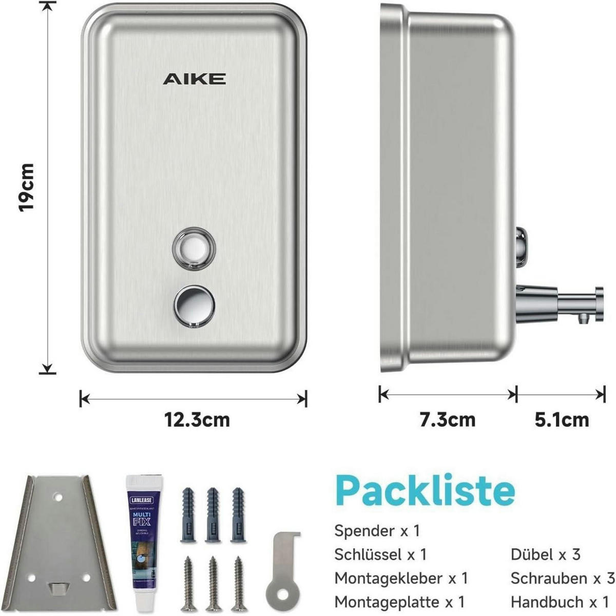 SEIFENSPENDER Edelstahl 1100 ml Wandmontage ohne Bohren gebürstet - Silberfarben, Metall (12.5/20.5/12.7cm)