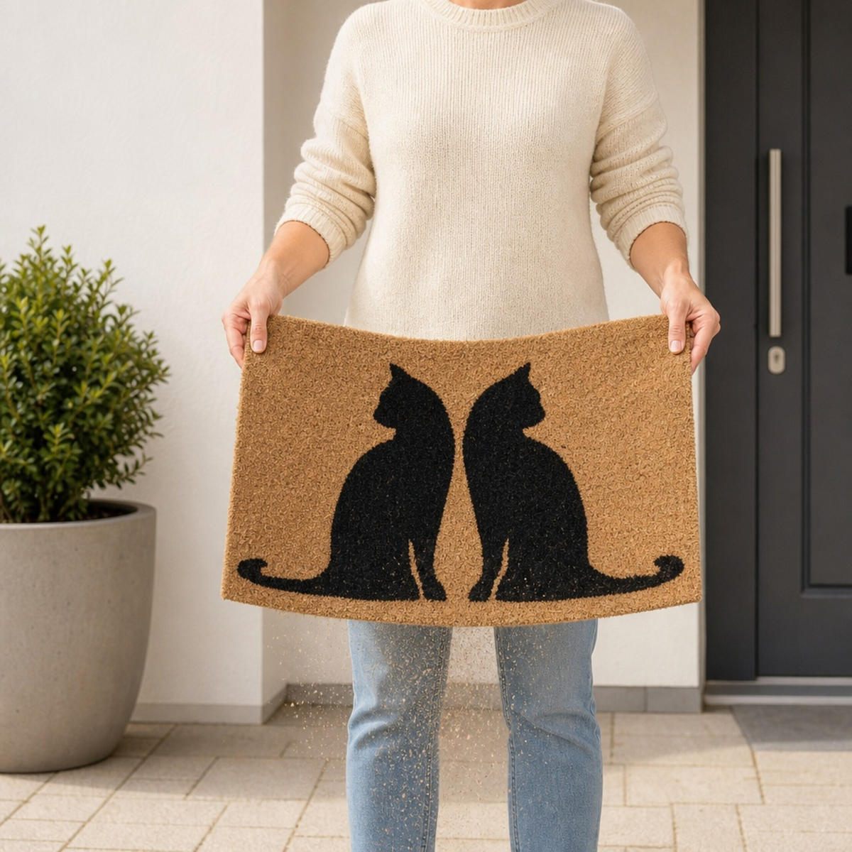 FUSSMATTE Natur Schwarz Katzenmotiv 60x40 cm - Multicolor, Kunststoff/Textil (60/40cm) - Relaxdays