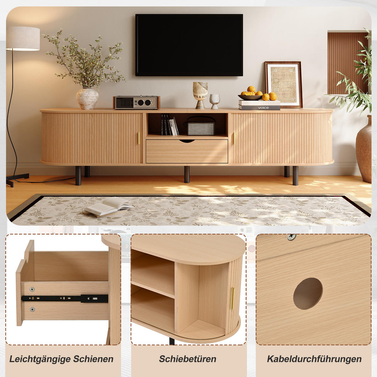 TV-SCHRANK mit abgerundeten Kanten und Rollo-Tür aus MDF 175 × 40 × 55 cm - Naturfarben, Holzwerkstoff (175/55/40cm) - Luhomfu
