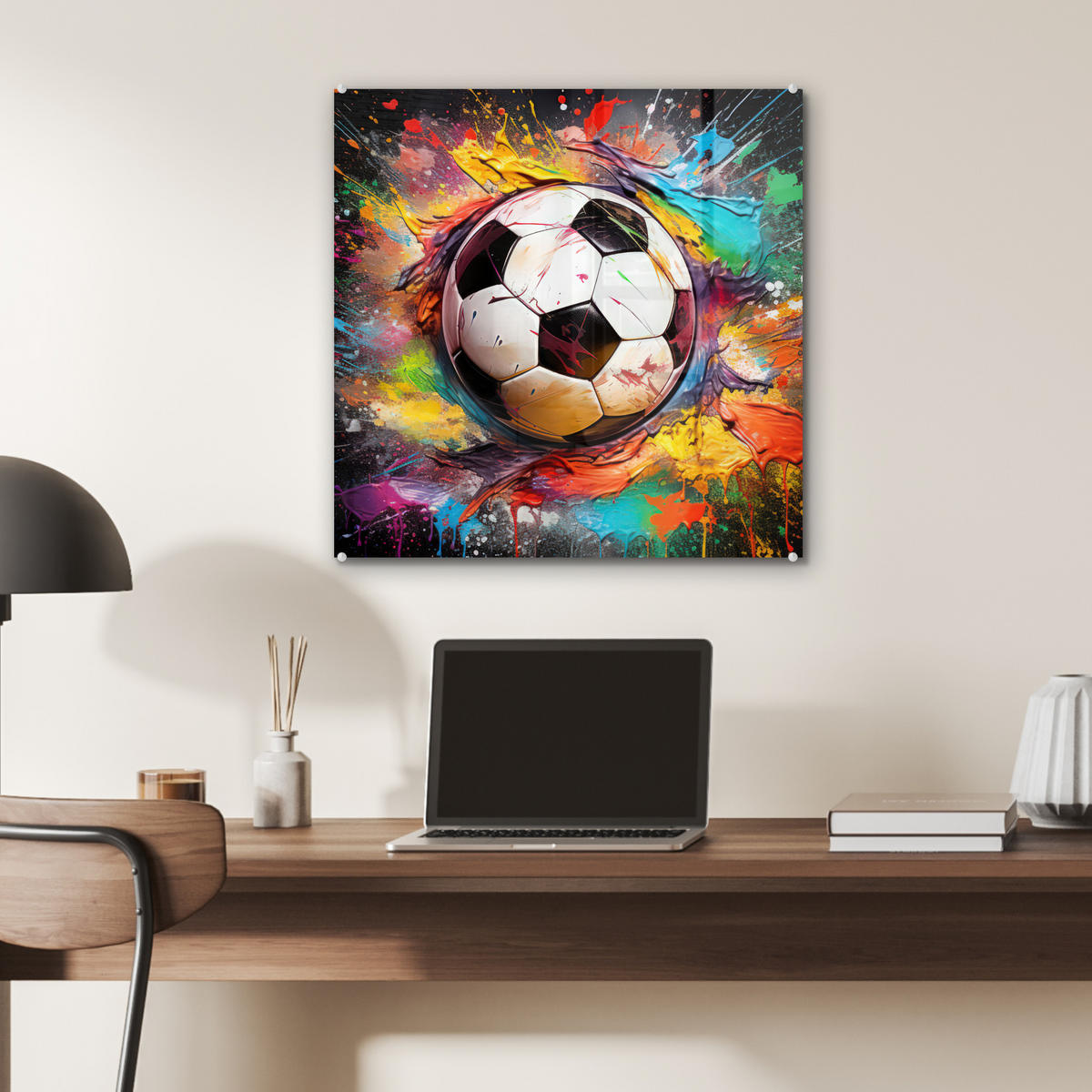 ACRYLGLASBILD Fußball - Farbe - Farben - Schwarz - Weiß 50x50 cm - Weiß, Glas (50/50cm) - MuchoWow
