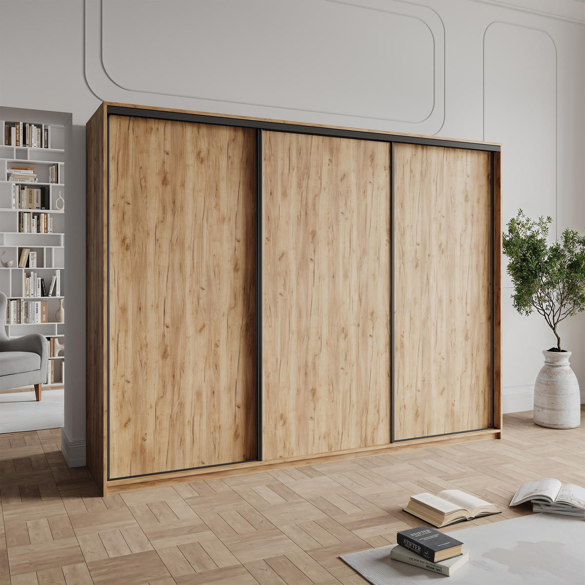 SCHWEBETÜRENSCHRANK NISSE 250/205/60 cm 3-türig mit Schubladen Craft Eiche Gold - Schwarz/Orange, Holzwerkstoff (250/205/60cm) - MASSENO