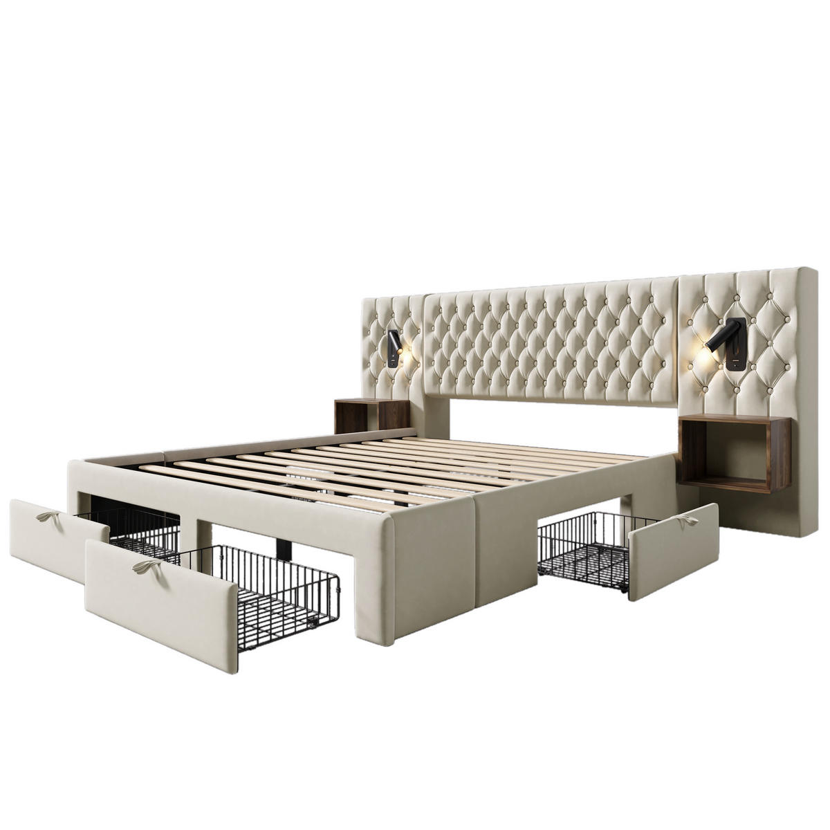 POLSTERBETT 180/200 cm DE-00759, in Beige, 2 Nachttischen und 4 Schubladen - Beige, Metall (180/200cm) - ComfortXL