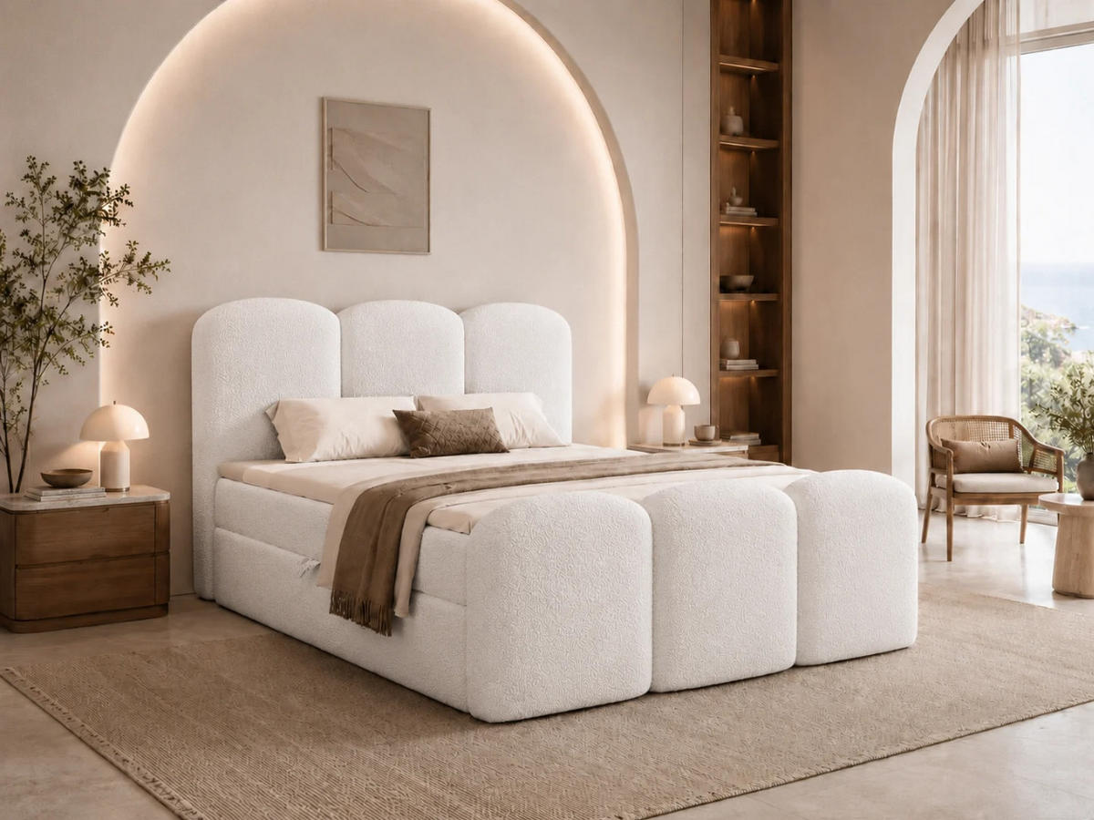 BOXBETT ROYAL 120x200 cm in Weiß, Bettkasten, Topper, Bouclé-Stoff - Weiß, Holz/Textil (120/200cm) - EMLAR Home
