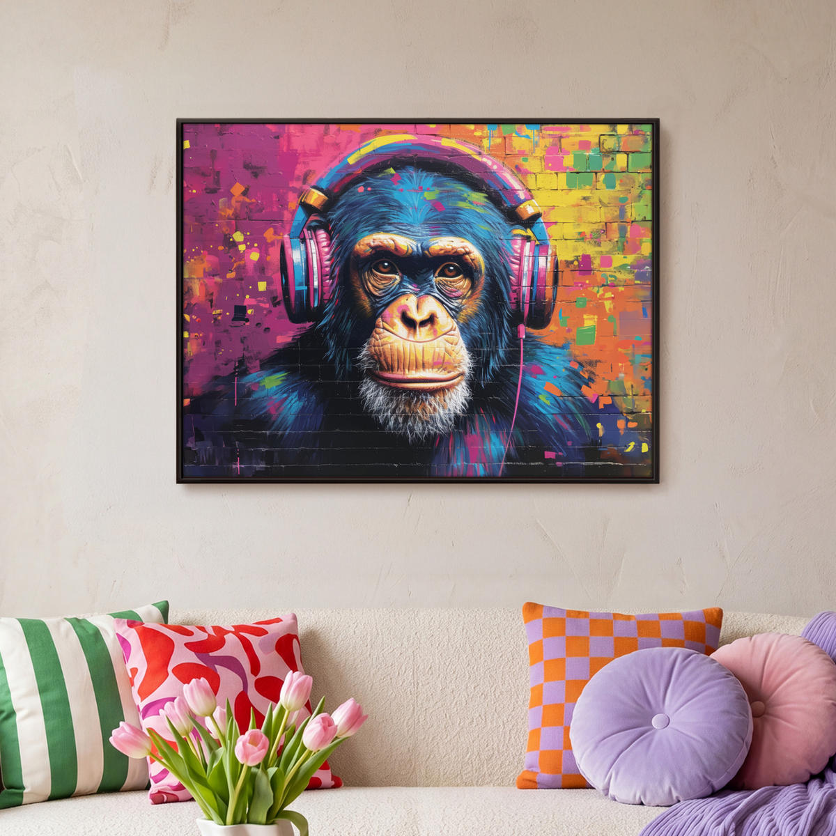 LEINWAND Bilder mit Rahmen - Graffiti - Schimpanse - Straßenkunst - Kopfhörer - Affe - 70x50 - Blau, Textil (70/50cm) - MuchoWow